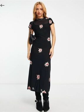 ASOS Black Maxi Dress with Pink Rose Embroidery